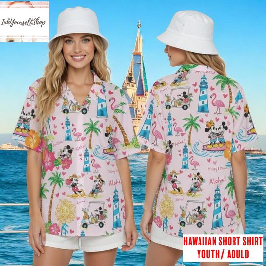 Mickey Minnie Hawaiian Shirt Pink Aloha Cruise Shirt Disney Couple Beach Vacation Shirt Youth Adult