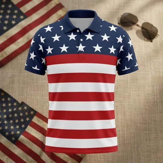 American Flag Pattern 3D Printed Polo T-shirt, USA 250th Anniversary Gift Shirt