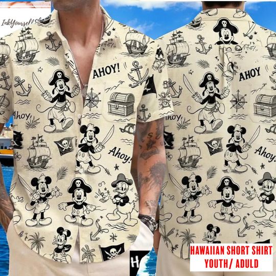 Disney Pirate Hawaiian Shirt Mickey Mouse Donald Duck Ahoy Pirate Ship Tropical Beach Vacation Shirt Adult Youth