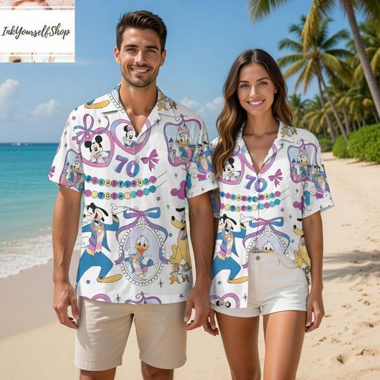 Mickey Mouse Hawaiian Shirt, Disney Disneyland 70th Anniversary Shirt, Vintage Cartoon Aloha Shirt, Youth Adult