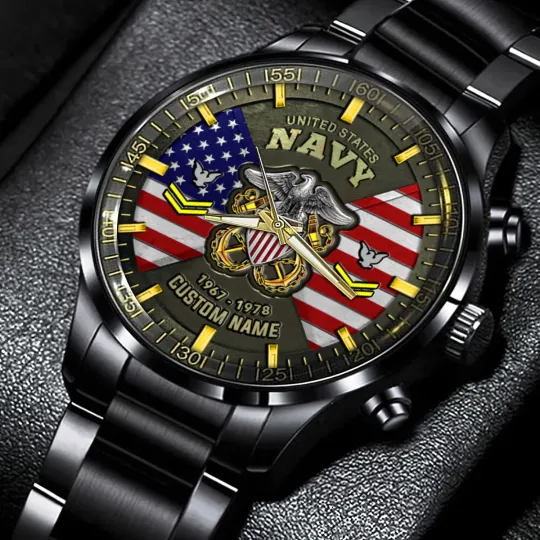 Personalized US Navy Black Stainless Steel Watch, Gift For Military