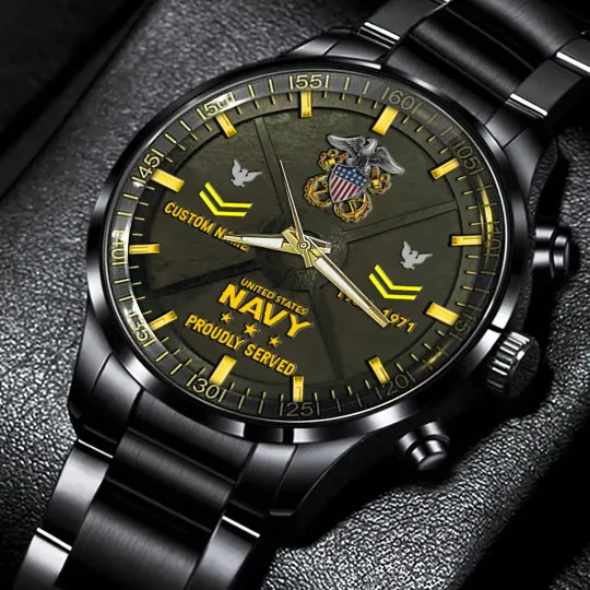 Discover Personalized US Navy Black Stainless Steel Watch, Gift For Military