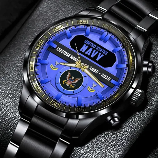 Personalized US Navy Black Stainless Steel Watch, Gift For Military