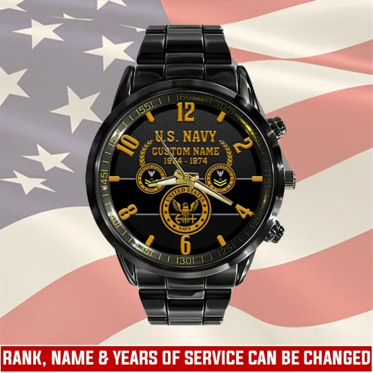 Personalized US Navy Black Stainless Steel Watch, Gift For Military