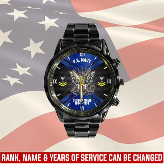 Personalized US Navy Black Stainless Steel Watch, Gift For Military