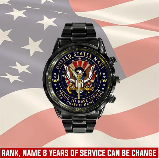 Personalized US Navy Black Stainless Steel Watch, Gift For Military