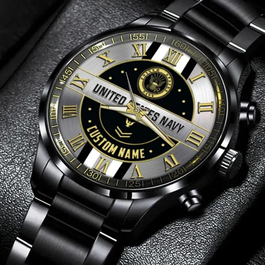 Personalized US Navy Black Stainless Steel Watch For Men