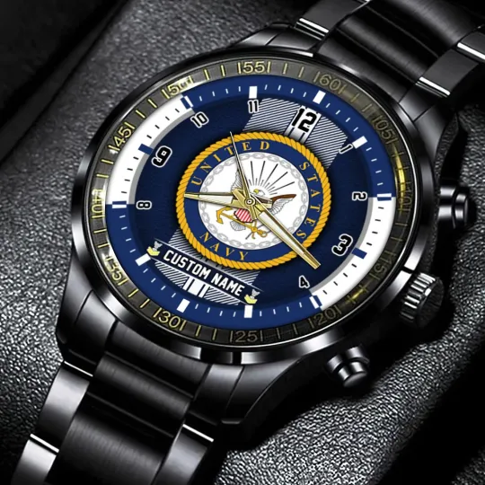 Personalized US Navy Black Stainless Steel Watch For Men