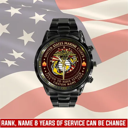 Personalized US Marine Corps Black Stainless Steel Watch, Gift For Military