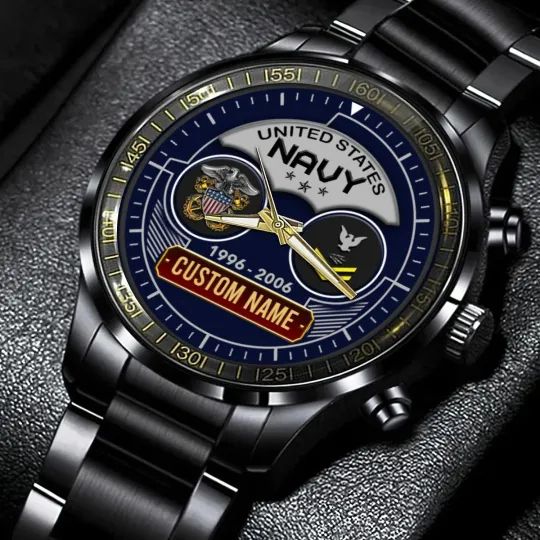 Personalized US Navy Black Stainless Steel Watch For Men