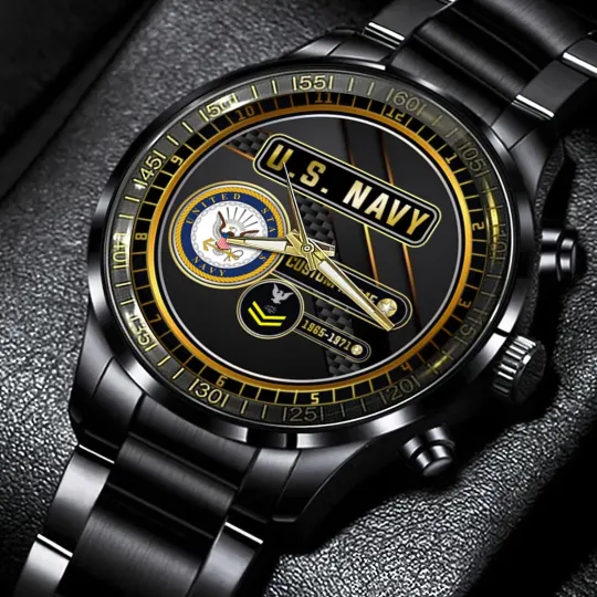 Personalized US Navy Black Stainless Steel Watch For Men