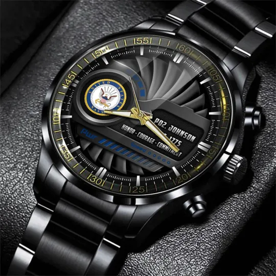 Personalized Duty Honor Courage US Navy Black Stainless Steel Watch For Men