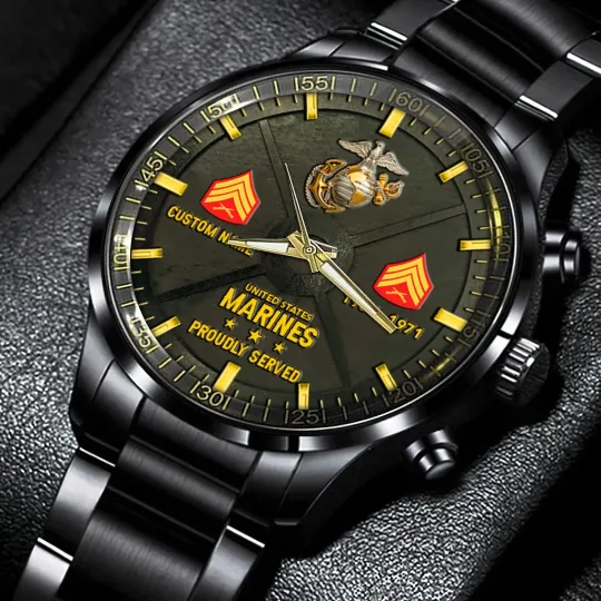 Personalized US Marine Corps Black Stainless Steel Watch, Gift For Military