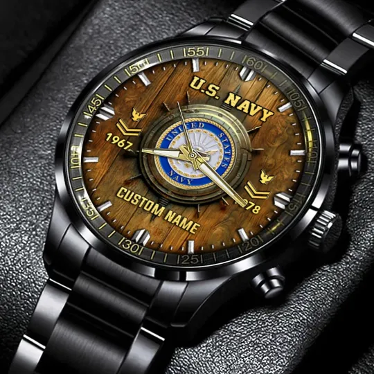 Personalized US Navy Black Stainless Steel Watch For Men