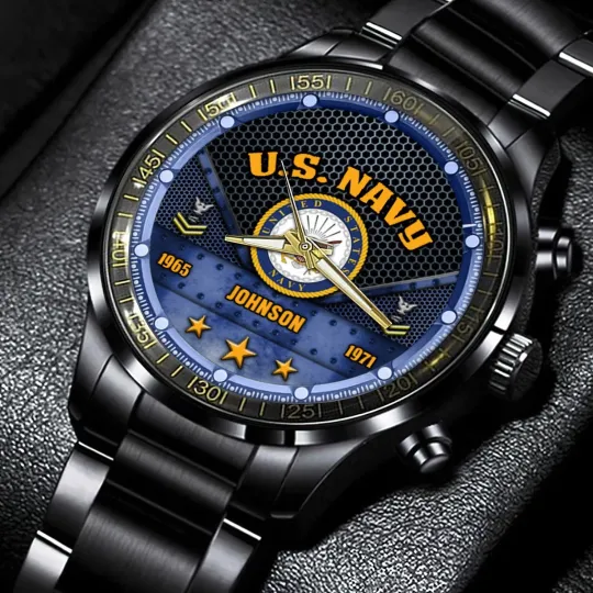 Personalized US Navy Black Stainless Steel Watch For Men