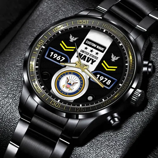 Personalized US Navy Black Stainless Steel Watch For Men