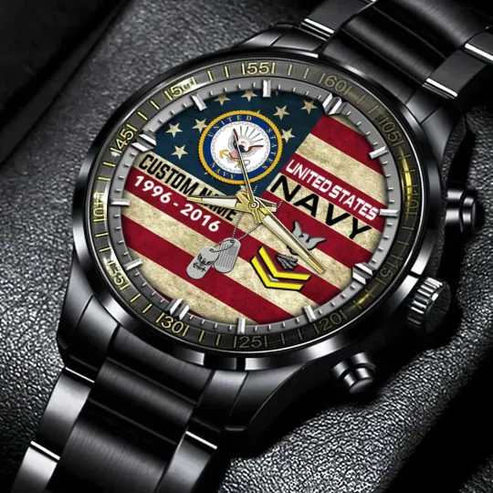 Personalized US Navy Black Stainless Steel Watch For Men