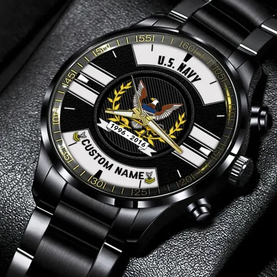 Personalized US Navy Black Stainless Steel Watch For Men