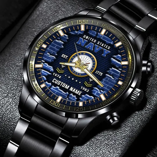 Personalized US Navy Black Stainless Steel Watch For Men
