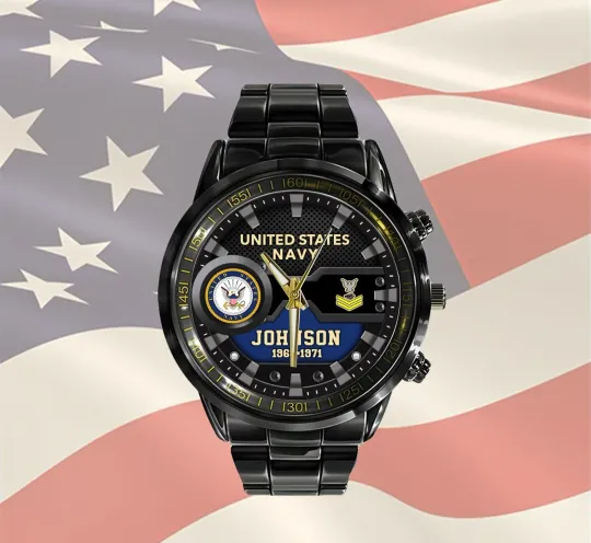 Personalized US Navy Black Stainless Steel Watch For Men
