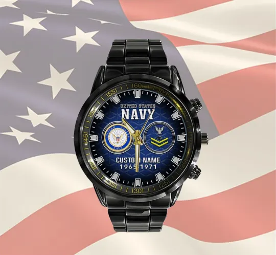 Personalized US Navy Black Stainless Steel Watch For Men