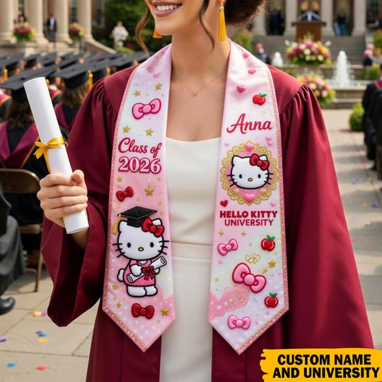 Custom Graduation Stole Class of 2026, Kawaii Pink Cat Grad Sash, Cute Bow Personalized Stole, Coquette College Senior Gift, Printed Sash