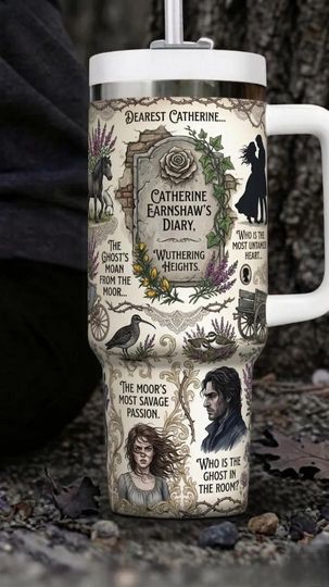 Discover 40oz Wuthering Heights Tumbler with Handle, Gothic Bookish Travel Mug, Literary Romance Cup, Dark Academia Gift, Classic Book Lover Tumbler