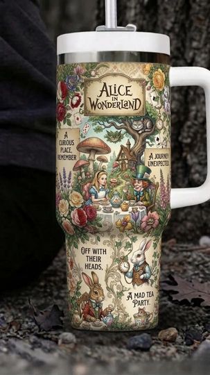 Discover 40oz Alice in Wonderland Tumbler with Handle, Vintage Floral Fantasy Cup, Mad Tea Party Travel , Book Lover Gift,Whimsical Cottagecore Mug