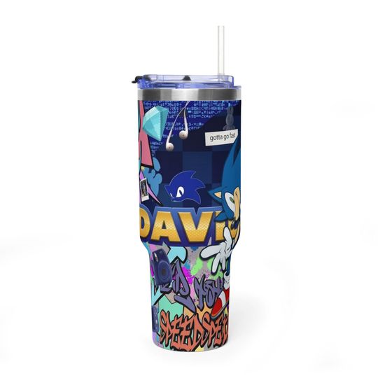 Discover Custom Gamer Hedgehog Insulated Tumbler with Straw, For Boys and Teens, Birthday Party Gift, Personalized Y2K Graffiti Speed Water Cup