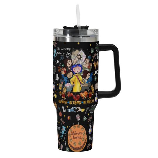 Discover Custom Gothic Coraline-Inspired 40oz Tumbler  Custom Halloween Black WHite Stainless Steel Mug with Dark Fantasy Cat Face Design