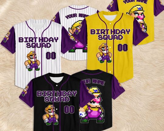 Custom Wario Birthday Squad Baseball Jersey, Personalized Super Mario Family Shirt