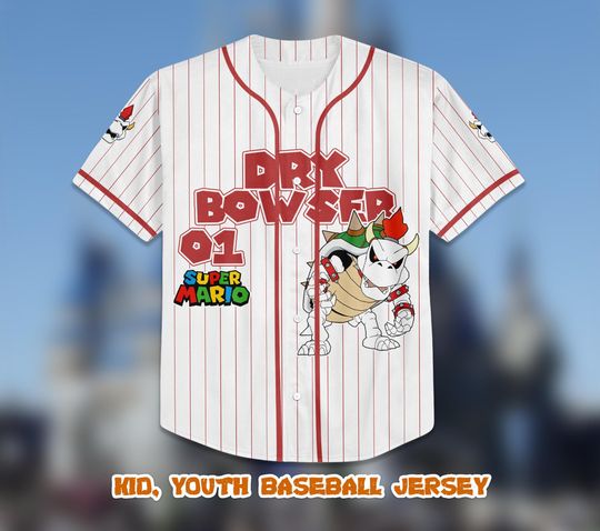 Custom Dry Bowser Baseball Jersey, Personalized Super Mario Shirt, Kids Youth Epic Universe
