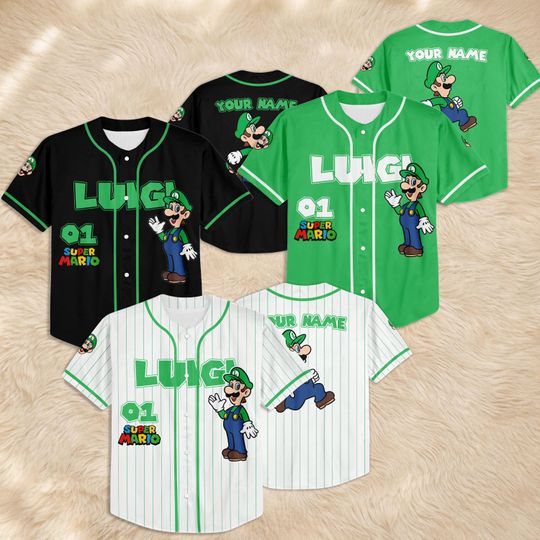 Custom Luigi Baseball Jersey, Personalized Super Mario Jersey Shirt, Matching Family Gaming Apparel