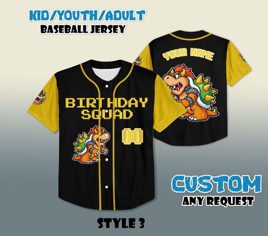 Custom Bowser Birthday Squad Baseball Jersey, Personalized Super Mario Outfit