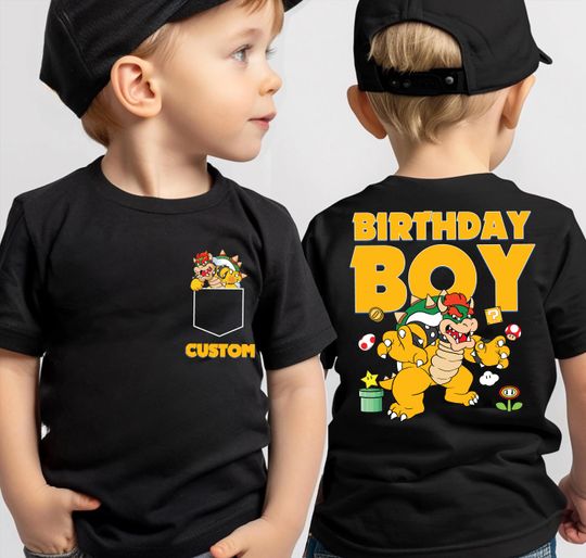 Bowser Super Mario Birthday Boy Shirt Custom Name Age Kids Double Sided Pocket Tee