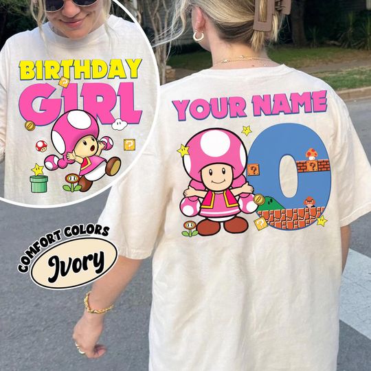 Super Mario Toadette Birthday Girl Shirt Custom Name Age Kids Double Sided Party Tee
