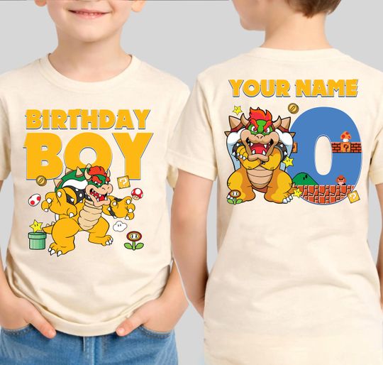 Discover Bowser Super Mario Birthday Boy Shirt Custom Name Age Kids Mario Double Sided Tee
