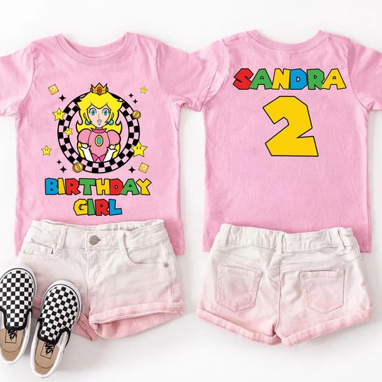 Custom Princess Peach Birthday Girl Shirt, Personalized Mario Family Matching Tee