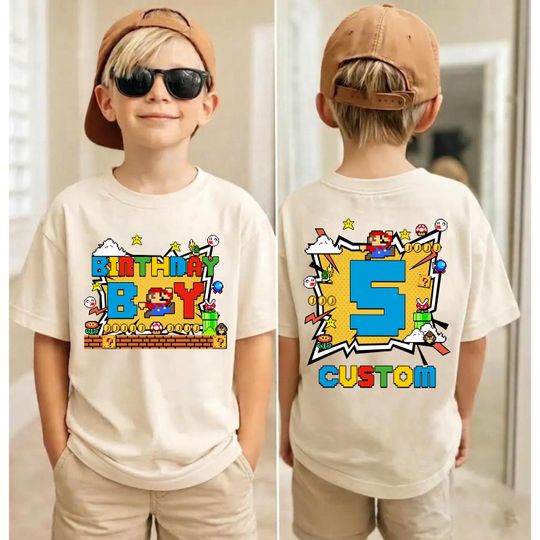 Discover Custom Super Mario Birthday Boy Shirt Front Back Two Sided Personalized Age Mario Tee
