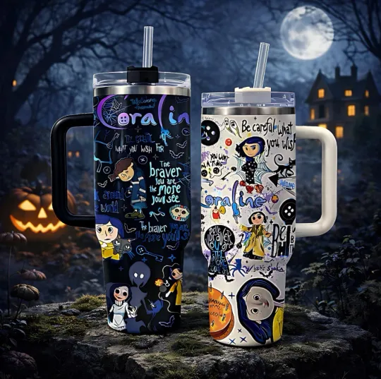Coraline Durable Insulated Tumbler 40oz with Handle and Lid, Spooky Cat Pattern