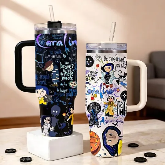 Coraline Durable Insulated Tumbler 40oz with Handle and Lid, Spooky Cat Pattern