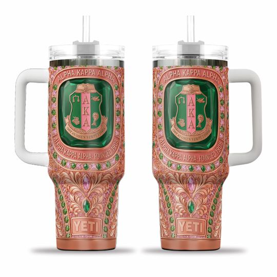 Alpha Kappa Alpha AKA Sorority 40oz Tumbler Pink Green Jewels Greek Life Travel Mug