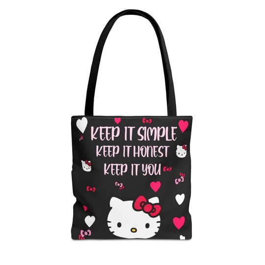 Discover Keep It Simple Hello Kitty Tote Bag, Cute Heart Pattern, Inspirational Quote