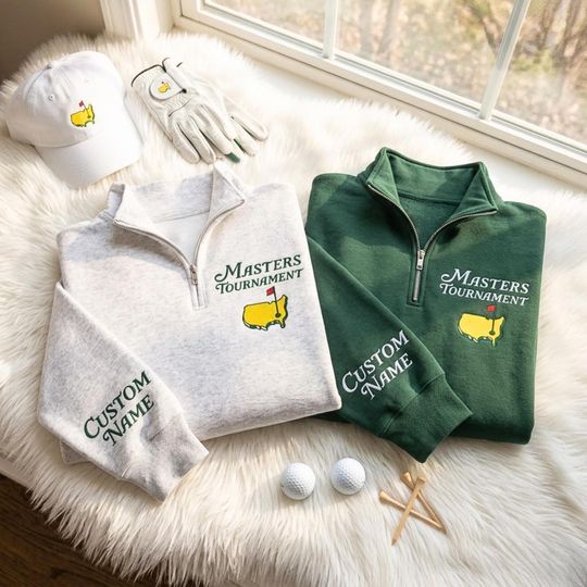 Masters Tournament Embroidered Quarter Zip Golf Sweatshirt, Custom Name Sleeve Golf Pullover, Golf Lover Gift, Augusta Inspired Half Zip