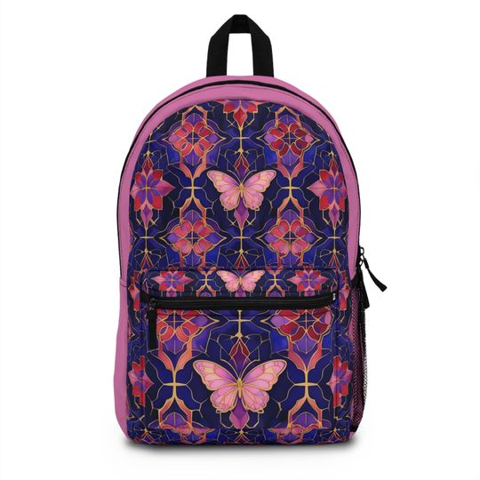 Discover Pink Butterfly Mosaic Backpack | Purple Floral Geometric Pattern