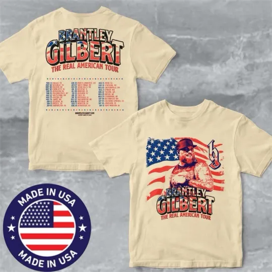 Brantley Gilbert The Real American Tour 2026 T-Shirt Two Sided Concert Schedule