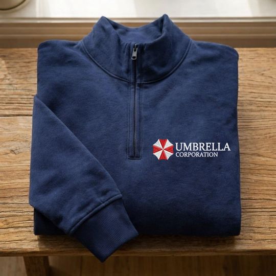 Umbrella Corporation Embroidered Zip Quarter Sweatshirt, Vintage Residence Evil Zombie Video Game Shirt, Leon Kennedy Tee, Horror Game Gifts