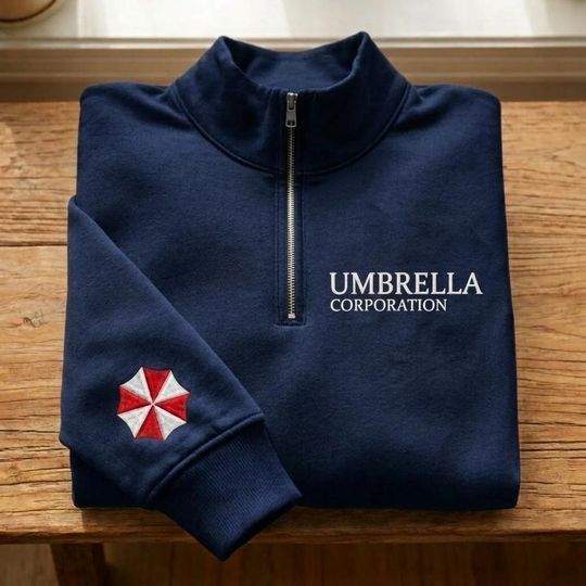 Umbrella Corporation Embroidered Zip Quarter Sweatshirt, Residence Evil Vintage Zombie Video Game Shirt, Leon Kennedy Tee, Horror Game Gifts