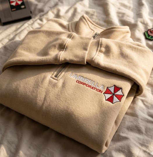 Umbrella Corporation Embroidered Quarter Zip, Vintage Resident Evil Sweatshirt, Leon Kennedy Shirt, Horror Game Gifts