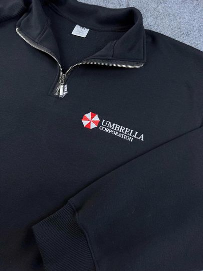 Umbrella Corporation Logo Embroidered Quarter Zip Sweatshirt, Vintage Residence Evil Sweatshirt, Zombie Video Game Fans